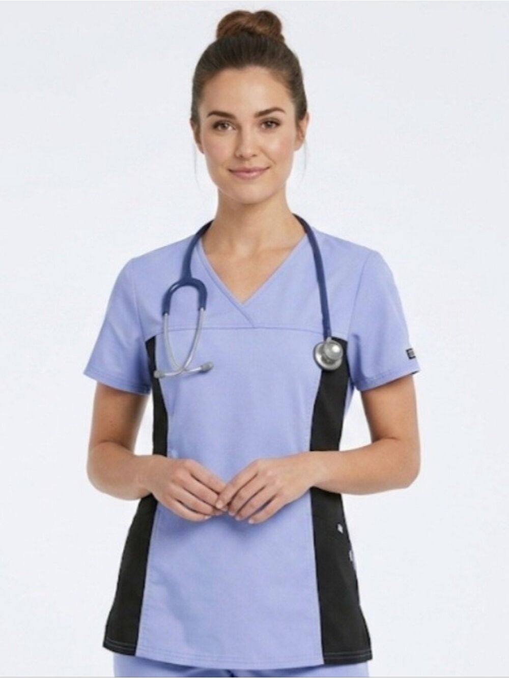 Cherokee V-Neck Scrub Top Blue And Black Stretch Panels Size M Work Nurse Top
